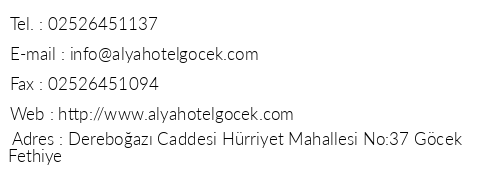 Alya Hotel Gcek telefon numaralar, faks, e-mail, posta adresi ve iletiim bilgileri